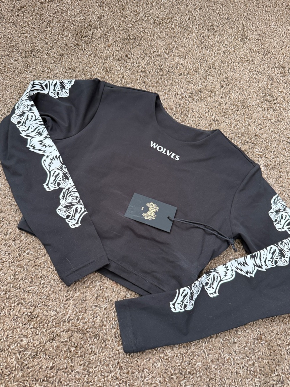 Darc Sport Black Crop Top with White Wolf Sleeve Graphics